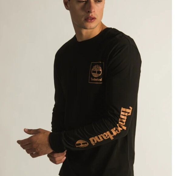 Timberland Long Sleeve Chest Stack Logo Tee Shirt Arm Spell out Black Medium - Picture 1 of 11